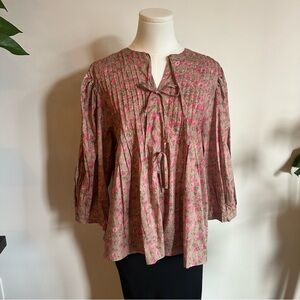 Entro Boho Floral Tie-Neck Blouse - Pink Rose Print Peasant Top | Size L